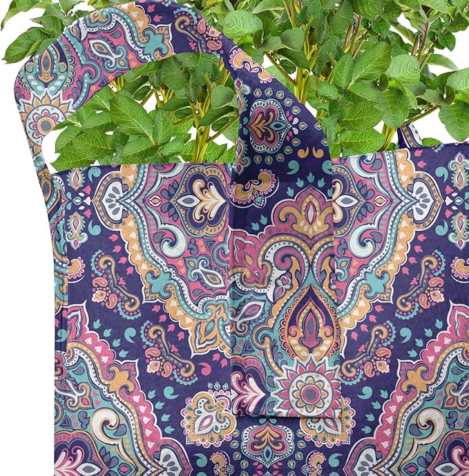 Ambesonne Ethnic Grow Bags 5-Pack, Boho Colorful Spring Garden, Heavyduty Fabric Pots with Handles for Plants, Navy Pink
