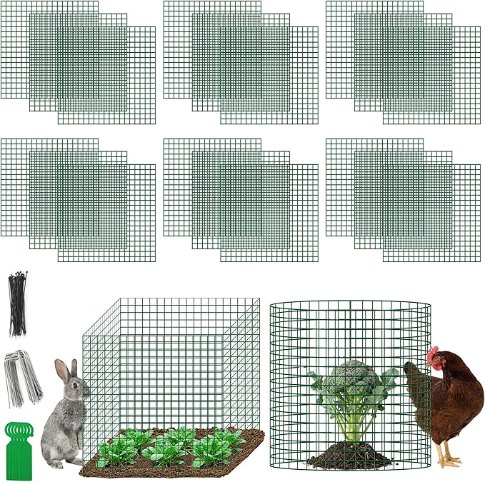 Plant Protectors from Animals - DIY Reusable Plant Cages for Outdoor Plants, Square Mesh Plant Covers Kits, 12"x12" Panels (6/18/30 Pcs) (6, Dark Green)