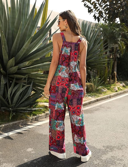 Fiona Jolin Overalls Women Summer Boho Floral Loose Wide Leg Jumpsuits with Pockets Patchwork Bib Overalls
