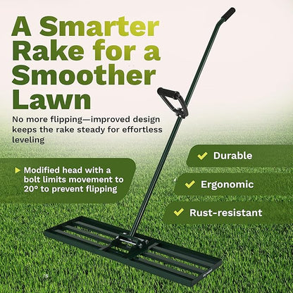 Lawn Leveling Rake 30x10 inch, Anti Flip - Heavy Duty Leveling Tool, Steel Handle, and Rake Head– Includes Gloves, Planting Mat, and Garden Shears – Yard Leveler for Lawn Garden, Soil, Sand, and Grass