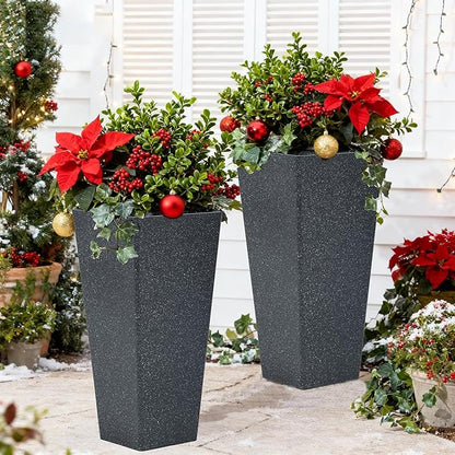 28" Plant Pots Tall Planters for Plants Outdoor Set of 2 Plastic Planter Pot Large Flower Pots Indoor Weather-Resistant for Patio, Porch, Garden, Front Door Christmas Decor Terrazzo Black