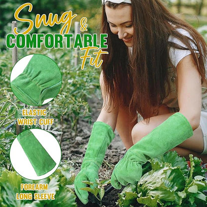 HANDLANDY Leather Gardening Gloves, Thorn Proof Long Gauntlet Heavy Duty Garden Gloves, Elbow Length Rose Pruning Weeding Yard Glove (X-Large, Green)