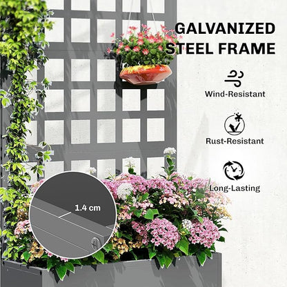 Outsunny Galvanized Raised Garden Bed with Trellis, Metal Planter Box with Drainage Holes, Outdoor Privacy Screen for Climbing Plants, Vegetable, Vines, 24" x 9" x 44.5", Gray