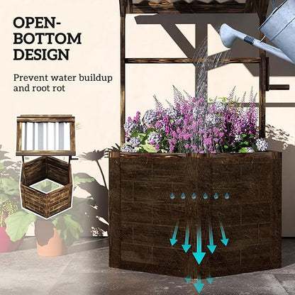 Outsunny Wooden Wishing Well Planter, Raised Garden Bed with Galvanized Canopy, Hexagon Outdoor Planter Box for Flowers, Herbs and Vegetables, Tan