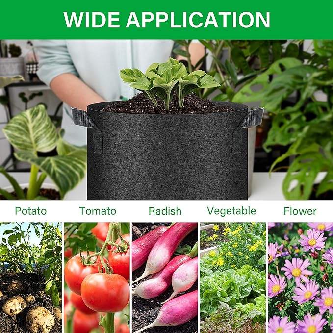 YSSOA 5-Pack 10 Gallon Grow Bags, Aeration Nonwoven Fabric Plant Pots with Handles, Heavy Duty Gardening Planter for Potato, Tomato, Vegetable and Fruits, Black