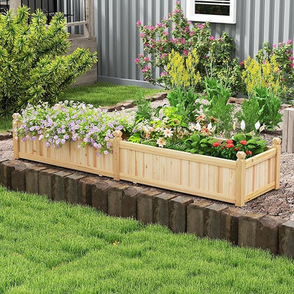 HAPPYGRILL Raised Garden Bed, Wooden Elevated Garden Box w/8 Drain Holes, Detachable Bottom Panels, Liner for Flowers Vegetables Herbs Fruits, Outdoor Planter Box for Backyard Lawn, 89" x 23.5" x 16"