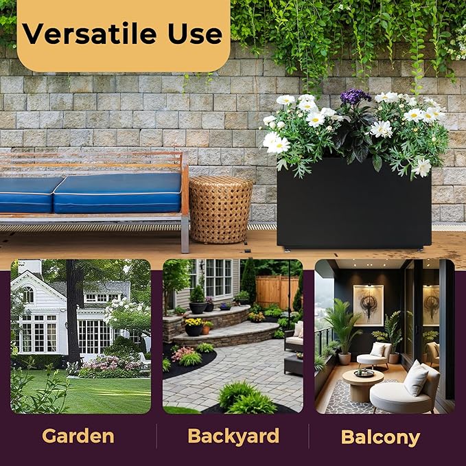 16-Inch Tall Metal Planter, Raised Garden Bed, 26Wx10Dx16H Planter Box for Plants, Vegetables & Vines, Features Drainage Holes & Adjustable Feet, Easy Assembly, Black