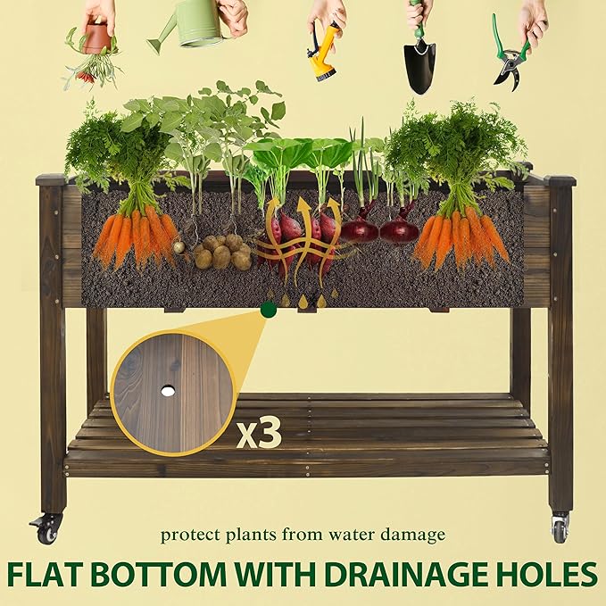 48x24x33in Raised Garden Bed Featuring Legs, Outdoor Elevated Wood Planted Box Equipped with Wheels & Shelf for Vegetable Flower, Backyard and Patio, Rustic