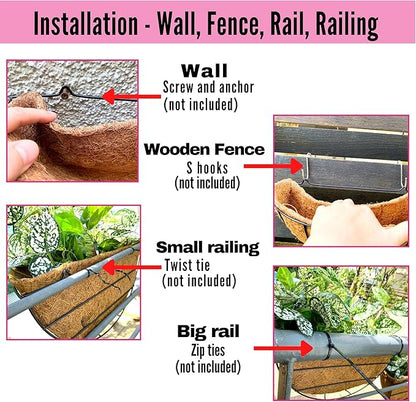 LaLaGreen 16 Inch Wall Mounted Flower Baskets, 4 Pack, Large Railing Planter Deck Rail Hanging Plant Pots Holders with Coco Liner Outdoor, Metal Herb Fence Porch Balcony Garden Patio Window Box Trough