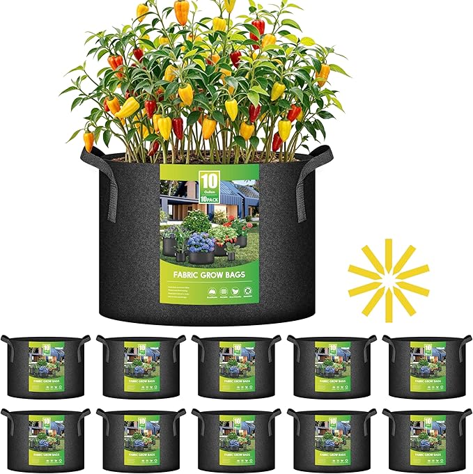 iPower 10 Pack 10 Gallon Grow Bags with Labels, 300G Thickened Nonwoven Plant Fabric Pots with Handles, Aeration Garden Grow Pots for Tomato Potato Vegetables, Fruits, Flowers, Black