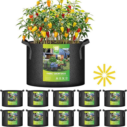 iPower 10 Pack 10 Gallon Grow Bags with Labels, 300G Thickened Nonwoven Plant Fabric Pots with Handles, Aeration Garden Grow Pots for Tomato Potato Vegetables, Fruits, Flowers, Black