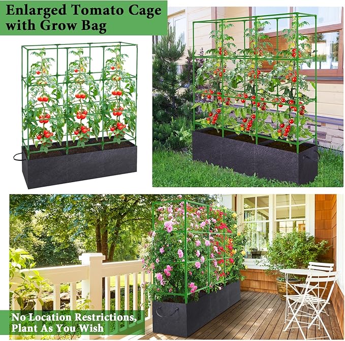 POILKMNI 66x17x49 Inch Garden Tomato Cages with 46 Gallon Grow Bags, Square Plant Support Trellis Assembled with Planter Bags, Garden Cucumber Vegetables Frames for Vertical Climbing Plants