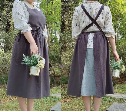 Cute Retro Cotton Linen X-Back Aprons Home Kitchen Garden Art Painting Pinafore Florist Shop Overalls