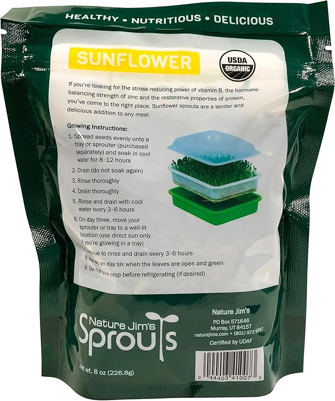 Nature Jims Organic Sunflower Seeds for Sprouting – Non-GMO, Premium Sunflower Microgreen Seeds – Nutritious, Fast Growing Sprouts & Easy to Plant – Ideal for Fresh Salads, Soups, & Smoothies – 8 Oz