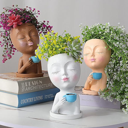 Face Planter Pot - Lady Face Flower Pot for Indoor & Outdoor Plants - Resin Succulent Planter with Drainage Hole, White