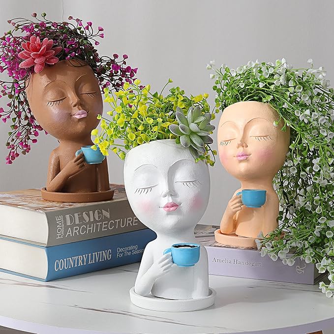 Face Pot for Plants, with a Base,Face Flower Pot for Indoor Outdoor Plants Resin Succulent Planter with Drainage Hole Cute Lady Plant Pots（Lignt Orange）