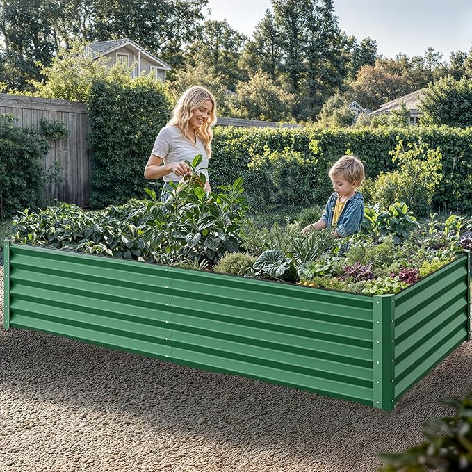 YITAHOME 96x48x18 in Galvanized Raised Garden Bed Kit, Large Metal Planter Box with Gloves, Safety Rubber & Support Rod, Outdoor Flower Bed for Plants Vegetables, Green