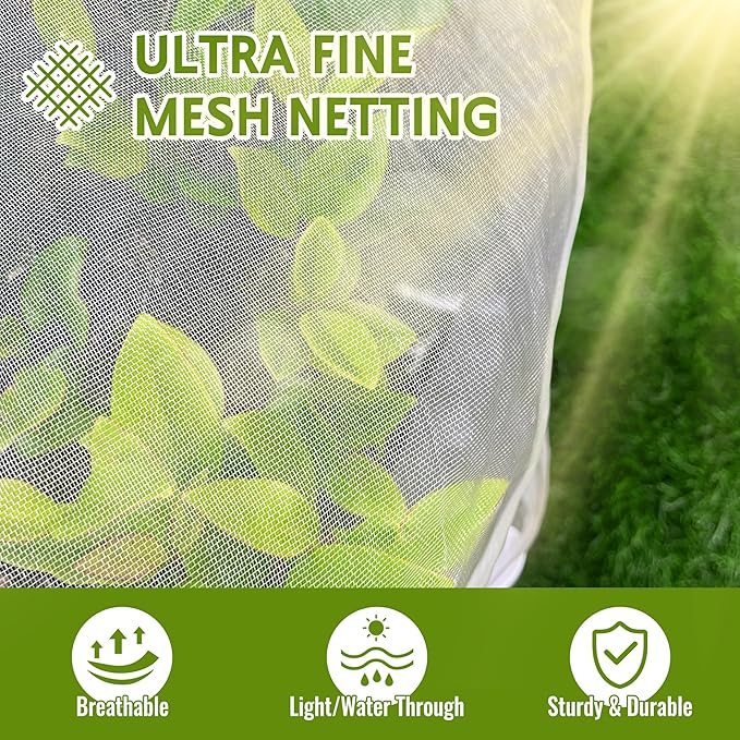 2 Pack Fruit Tree Netting Bags with Zipper and Drawstring, 6 x 6ft Ultra Fine Mesh Garden Netting Plant Cover, Bird Netting for Blueberry Bushes, Fruit Trees, Flowers (White, 6 x 6 ft)
