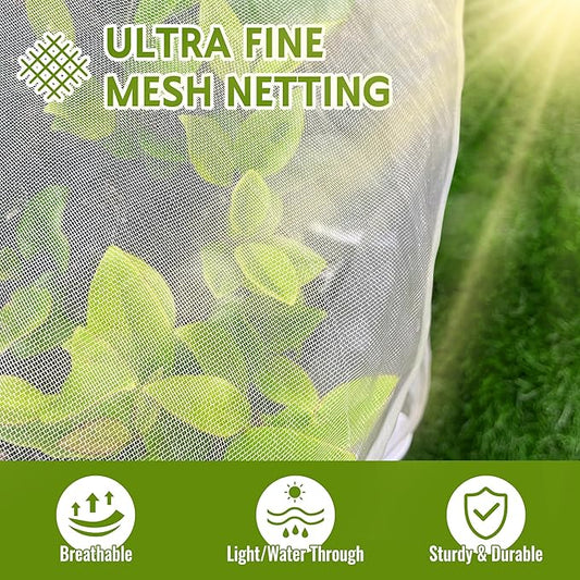 2 Pack Fruit Tree Netting Bags with Zipper and Drawstring, 6 x 6ft Ultra Fine Mesh Garden Netting Plant Cover, Bird Netting for Blueberry Bushes, Fruit Trees, Flowers (White, 6 x 6 ft)
