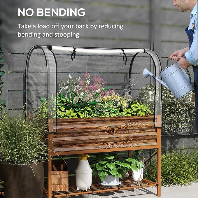 Outsunny Raised Garden Bed with Cover and Storage Shelf, Rectangular Metal Elevated Planter Box with Legs and Bed Liner for Vegetables, Flowers, Herbs, Dark Brown