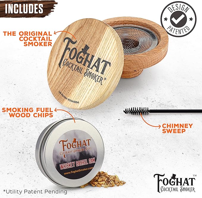 THOUSAND OAKS BARREL Foghat Cocktail Smoker W/ Bourbon Barrel Wood Shavings-Infuse Cocktails, Wine, Whiskey, Cheese, Meats, Dried Fruits, Salt and More!-Smoking Glass Cloche Accessories