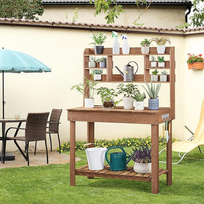 Yaheetech Potting Bench Table Horticulture Germination Table & Outdoor Garden Work Bench Platform w/Display Rack/Storage Shelf/Hanger/Thoughtful Sink Brown