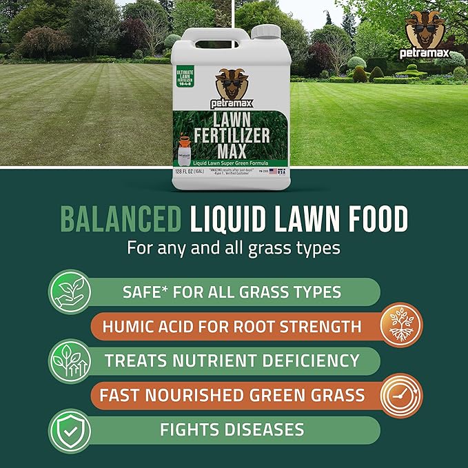 PetraMax Liquid Lawn Fertilizer for Lawns Concentrate - Liquid Fertilizer for Lawns, Food for Grass - 16-4-8 High Nitrogen Lush Green Grass, Phosphorus for Strong Roots - Apply Spring & Summer (1 Gal)