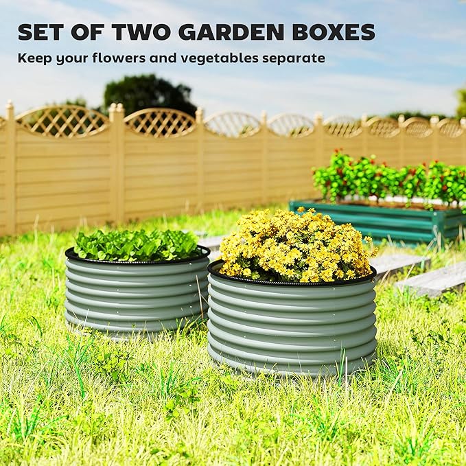 Outsunny Galvanized Raised Garden Bed Set of 2, Planters for Outdoor Plants with Safety Edging, Easy-to-Assemble Stock Tanks for Growing Flowers, Herbs and Vegetables, 3' x 3' x 2', Light Green