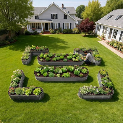A ANLEOLIFE 6-Piece 18 Inch Tall Quartz Grey Raised Garden Beds Kit, Heart-Shaped & Long Oval Planters for Creative Garden Layouts.