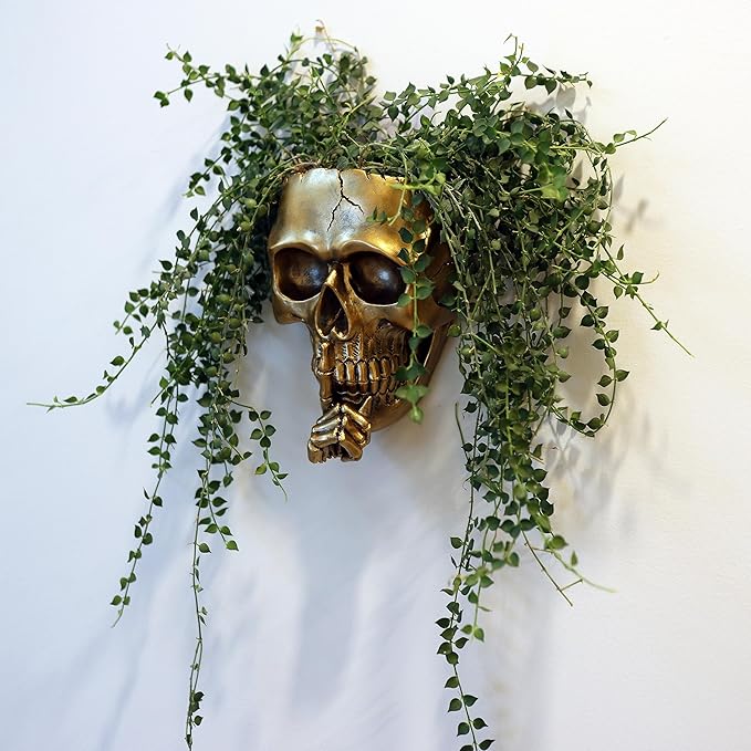 Gothic Skull Planter - Wall or Table Top, Unique Gold Skull Face Vase with Drainage, Spooky Indoor/Outdoor Plants