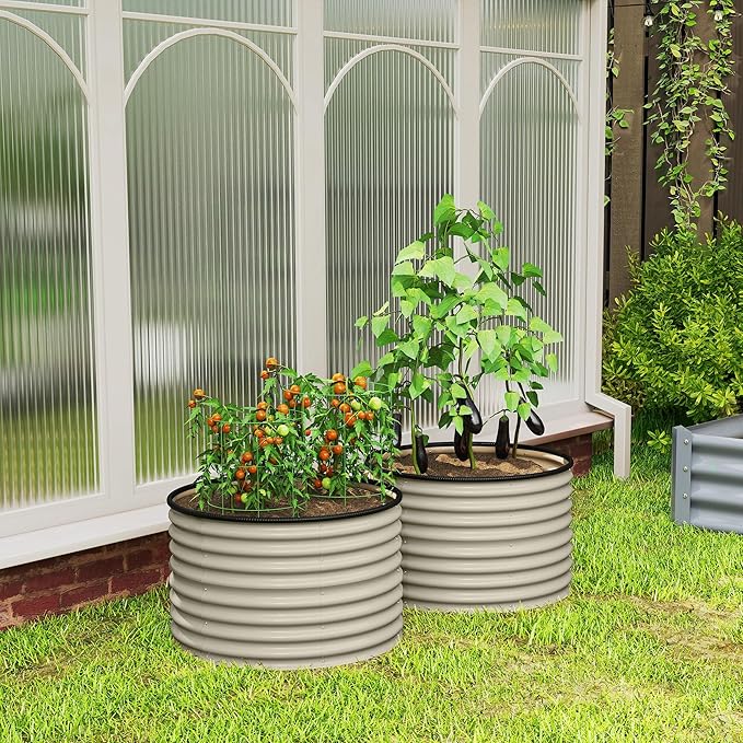 Outsunny Galvanized Raised Garden Bed Set of 2, Planters for Outdoor Plants with Safety Edging, Easy-to-Assemble Stock Tanks for Growing Flowers, Herbs and Vegetables, 3' x 3' x 2', Cream White