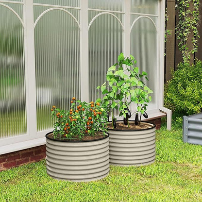 Outsunny Galvanized Raised Garden Bed Set of 2, Planters for Outdoor Plants with Safety Edging, Easy-to-Assemble Stock Tanks for Growing Flowers, Herbs and Vegetables, 3' x 3' x 2', Cream White