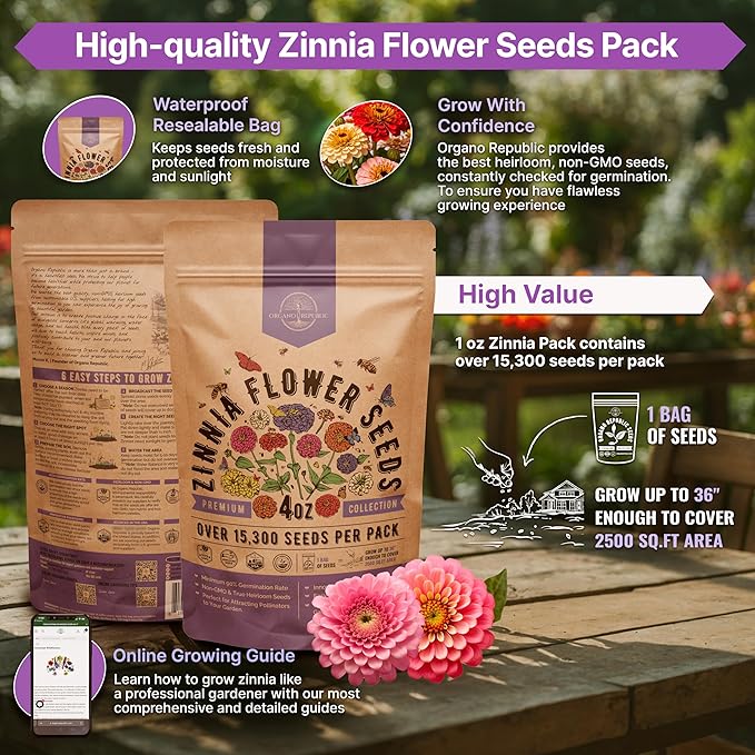 Zinnia Seeds Pack 4 oz - Over 15,300 Non-GMO Heirloom Zinnia Seeds for Planting, Annual Flowers in Individual Seed Packet for Planting Home Garden Indoor & Outdoor Gardening (Pack of 2)
