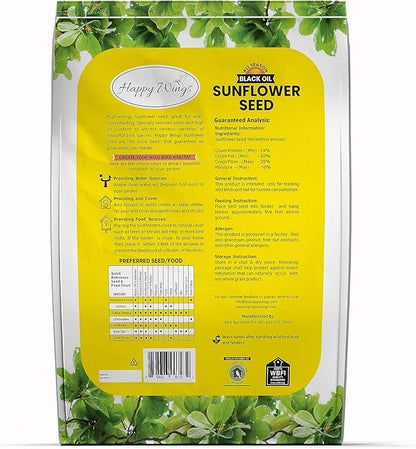 Happy Wings Black Oil Sunflower Seeds Wild Bird Food- 15 Pounds | No Grow Seed | Bird Seed for Wild Birds