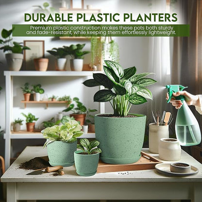 Utopia Home - Spotty Plant Pots Indoor with Drainage - 7/6.6/6/5.3/4.8 Inches Flower Pots - 5 Pack Plastic Planters - Ideal for Stocking Stuffers - (Speckled Mint, Pack of 5)