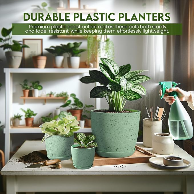 Utopia Home - Spotty Plant Pots Indoor with Drainage - 7/6.6/6/5.3/4.8 Inches Flower Pots - 5 Pack Plastic Planters - Ideal for Stocking Stuffers - (Speckled Mint, Pack of 10)