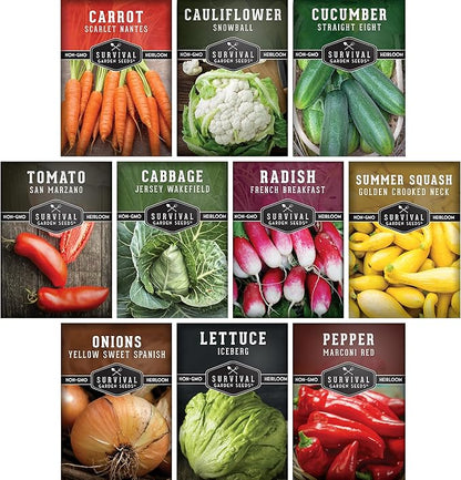 Vegetable Seeds for Planting 10 Variety Pack – Heirloom Garden Seed Packs to Grow Tomato, Lettuce, Onion, Cucumber, Squash & Other Vegetables – Non-GMO Family Garden Kit – Survival Garden Seeds
