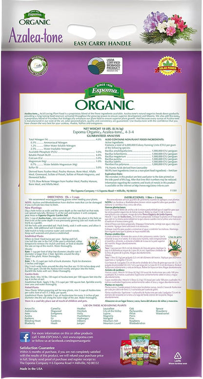 Espoma Organic Azalea-Tone 4-3-4 Natural & Organic Fertilizer and Plant Food for All Flowering Evergreen Shrubs. 18 lb. Bag. Use for Planting & Feeding to Promote Growth & Blooming