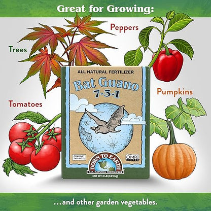 Down To Earth All Natural Fertilizers Organic Bat Guano - High Nitrogen Plant Food for Vegetative Growth 7-3-1, 2 lb