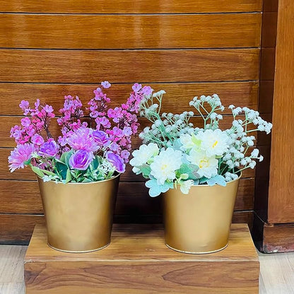 Hosley Set of 2 Gold Bucket/Pots with PVC Liner, 6.5" Dia x 6" H Ideal Gift for Floral Arrangements Wedding Home Office Party DIY Indoor Outdoor Garden Patio