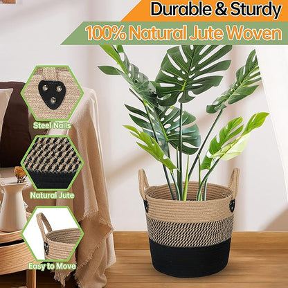 14"x12" Natural Jute Rope Woven Storage Basket with Handles for Plant, Blankets,Toys - Living Room Home Decor,Multifunctional Basket for Organizer,Picnic,Artificial Tree Black and Beige