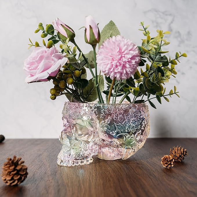 Iridescent Skull Planter Pot 6 Inch Skeleton Head Pot Succulents Flowers, & Bowl Dish Gothic Decor for Garden Home Parties Haunted House Spooky Black Display Halloween Skull Flower Pot Decoration Gift