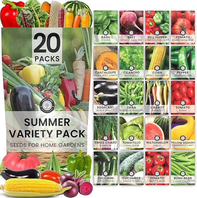 Summer Garden Seeds | 20 Individual Packs | 2026 Season | Non-GMO | Tomatoes, Squash, Melon, Herbs & More! | for Planting Indoor & Outdoor | by Family Sown