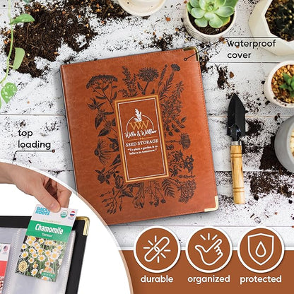 Willow and Wildflower Garden Seed Organizer Binder, Seed Storage Organizer, Garden Binder Book for Packet Storage Catalog Can Store 120 Packets with Dibber and Widger (Classic Brown)