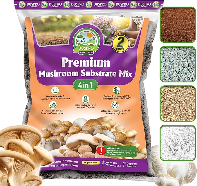 DUSPRO Recycle Premium 4-in-1 Mushroom Substrate Mix with Coco Coir, Zeolite, Gypsum & Vermiculite – Ideal Mushroom Growing Mix for Gardening, Moisture Retention, pH Balance & Ready to Use Mixture 2QT
