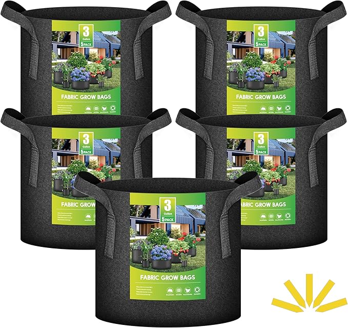 iPower 5 Pack 3 Gallon Grow Bags, Garden Planting Nonwoven Fabric Pots with Reinforced Handle, Heavy Duty and Aeration Planter Pot for Tomato, Fruits, Vegetables and Flowers