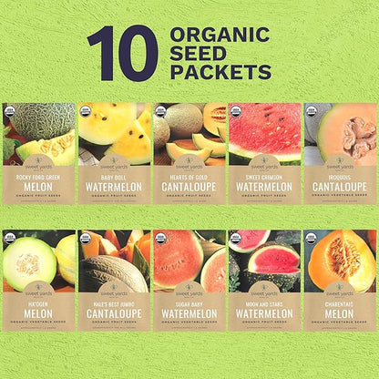 Organic Melon Seeds Variety Pack - 10 Individual Packs - 2026 Season - Sugar Baby, Charentais, Hearts of Gold and More! for Indoor & Outdoor Planting (Non-GMO, Certified Organic)