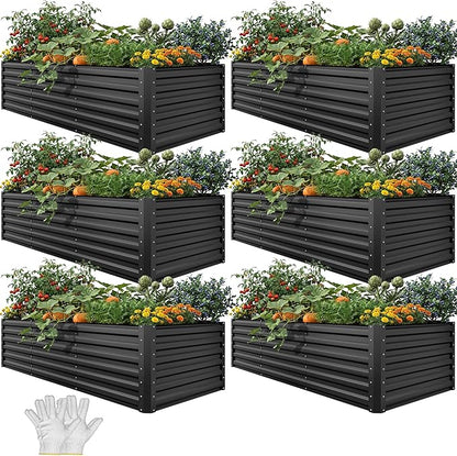 YITAHOME 6pcs 8x4x2 ft Galvanized Raised Garden Bed Kit, Large Metal Planter Box with Gloves, Safety Rubber & Support Rod, Outdoor Flower Bed for Plants Vegetables, Black