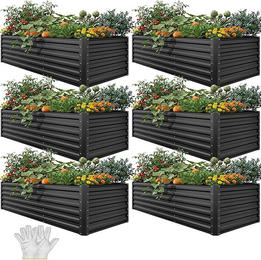 YITAHOME 6pcs 8x4x2 ft Galvanized Raised Garden Bed Kit, Large Metal Planter Box with Gloves, Safety Rubber & Support Rod, Outdoor Flower Bed for Plants Vegetables, Black