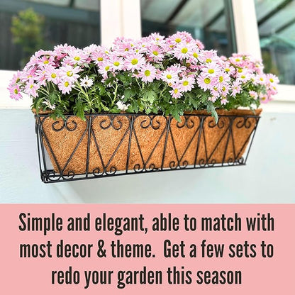 LaLaGreen Outdoor Wall Planters - 2 Pack, 30 Inch Deck Railing Hanging Pot, Over The Rail Window Flower Boxes Black Plant Basket Attach to House with Coco Liner Metal Fence Balcony Patio Porch